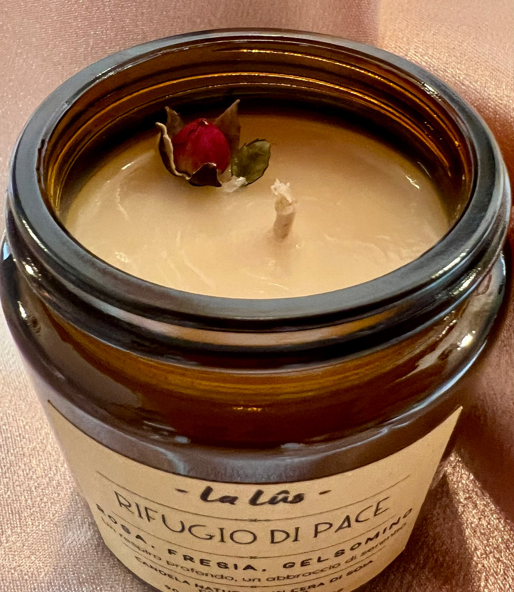 Candela artigianale in cera di soia Rosa e Fresia Lalûs