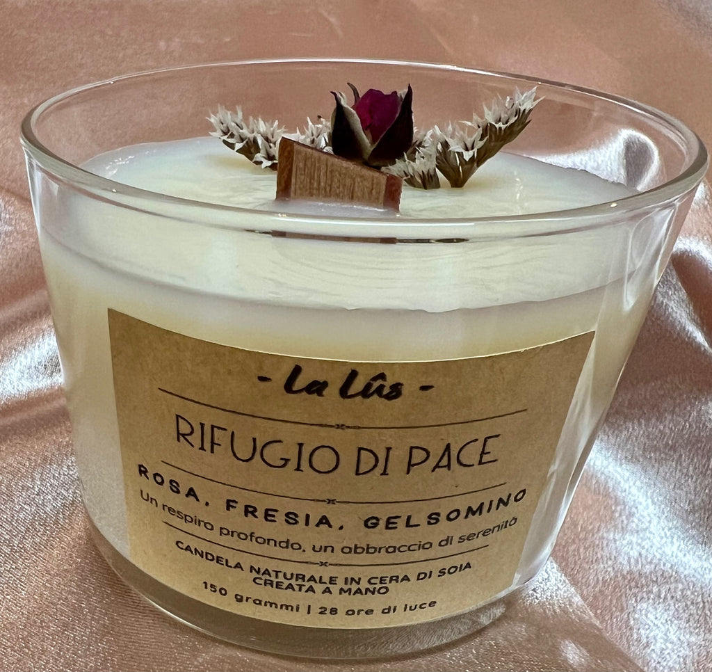 Candela artigianale in cera di soia Rosa e Fresia Lalûs
