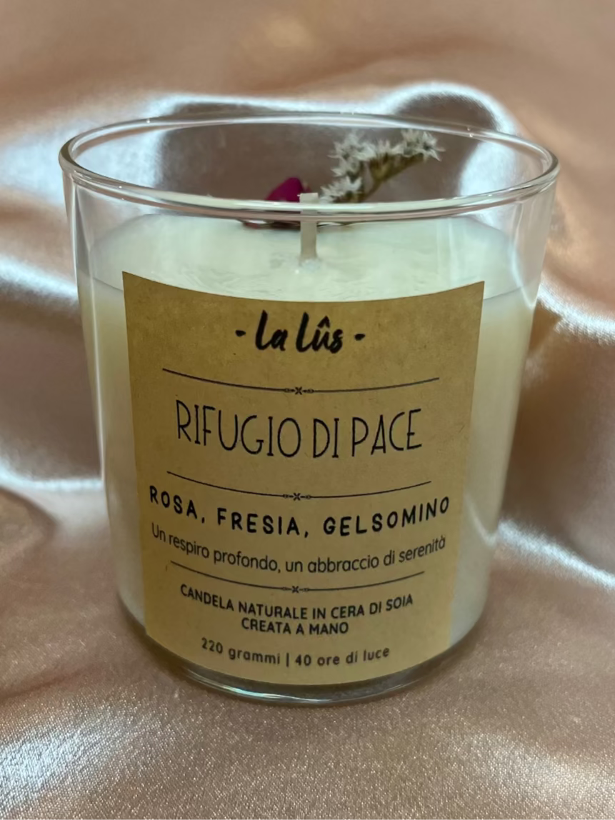Candela artigianale in cera di soia Rosa e Fresia Lalûs